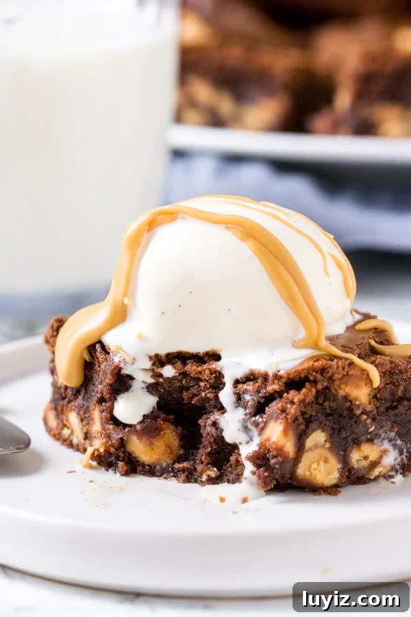 Decadent Peanut Butter Swirl Brownies Recipe 5 Gooey peanut butter brownie with peanut butter chips and scoop of ice cream with bite taken out of it.