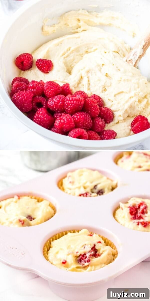 Fluffy Raspberry Muffins Filled with Juicy Berries 4 Raspberry muffin batter collage - first showing the muffin batter before the raspberries are mixed in and then showing the muffin batter spooned into the muffin pan.