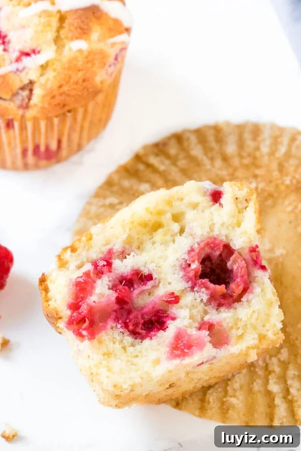 Fluffy Raspberry Muffins Filled with Juicy Berries 5 A moist, fluffy raspberry muffin broken in half to show the berries in side.