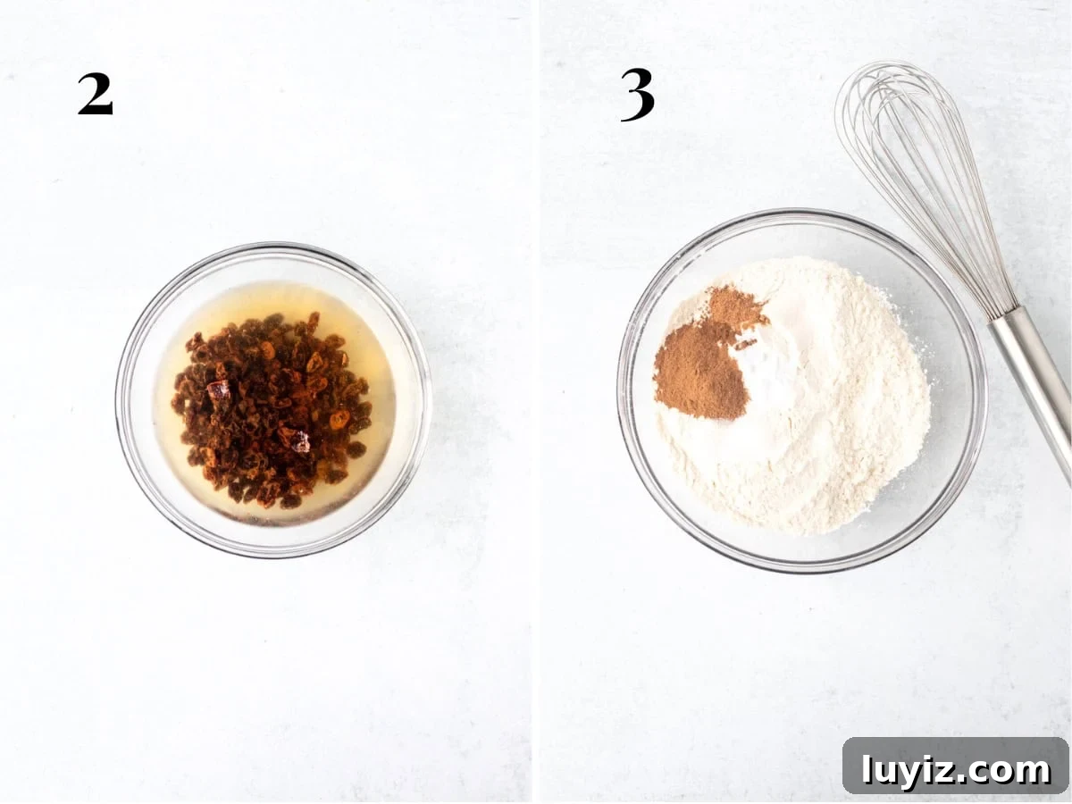 Ultra-Moist Carrot Cake Recipe with Cream Cheese Frosting 3 Bowl with raisins soaked in water and bowl of dry ingredients