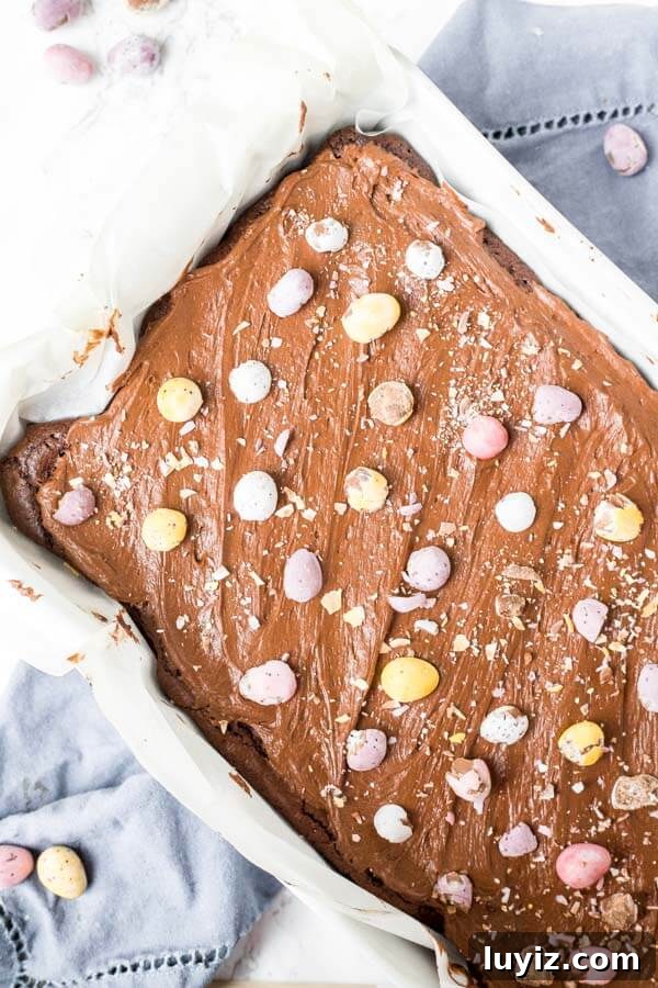 Mini Egg Brownies Recipe: Fudgy Chocolate Treat with Mini Eggs 3 Overhead shot of a pan of chocolate brownies topped with chocolate frosting and mini eggs.