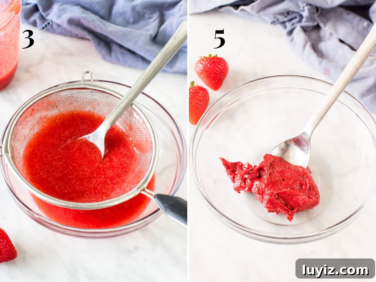 Moist Strawberry Cupcakes with Fresh Strawberry Frosting 5 bowl of strawberry puree poured through metal sifter, and bowl of reduced strawberry puree