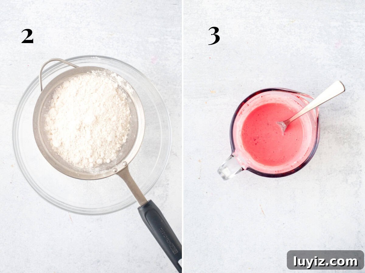 Moist Strawberry Cupcakes with Fresh Strawberry Frosting 6 Sifting together dry ingredients into a bowl, and a liquid measuring cup of wet ingredients.