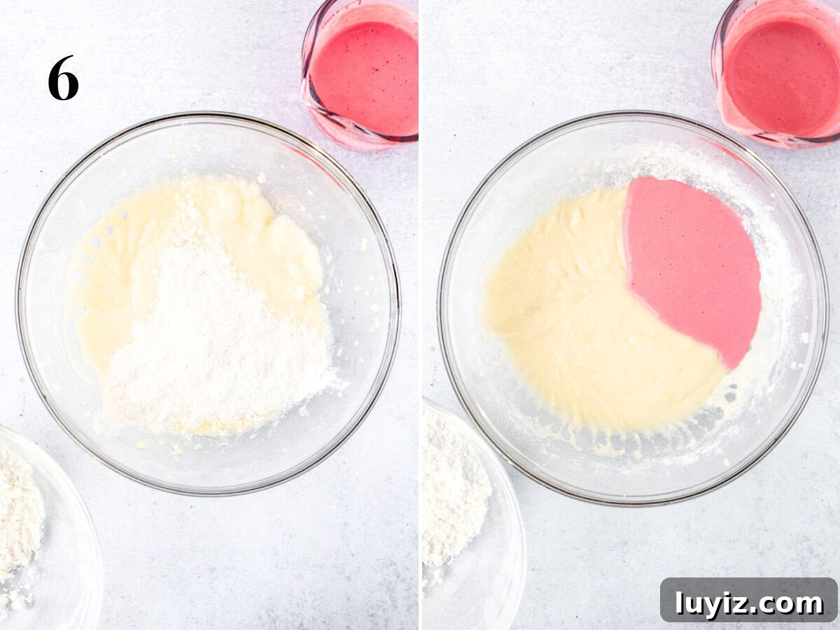 Moist Strawberry Cupcakes with Fresh Strawberry Frosting 8 Mixing dry ingredients and wet ingredients into cupcake batter