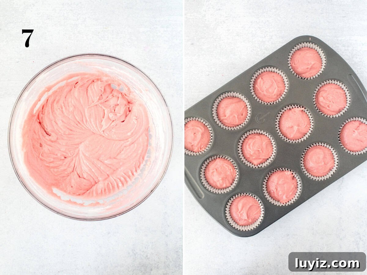 Moist Strawberry Cupcakes with Fresh Strawberry Frosting 9 Bowl of strawberry cupcake batter and lined muffin tin of unbaked strawberry cupcakes