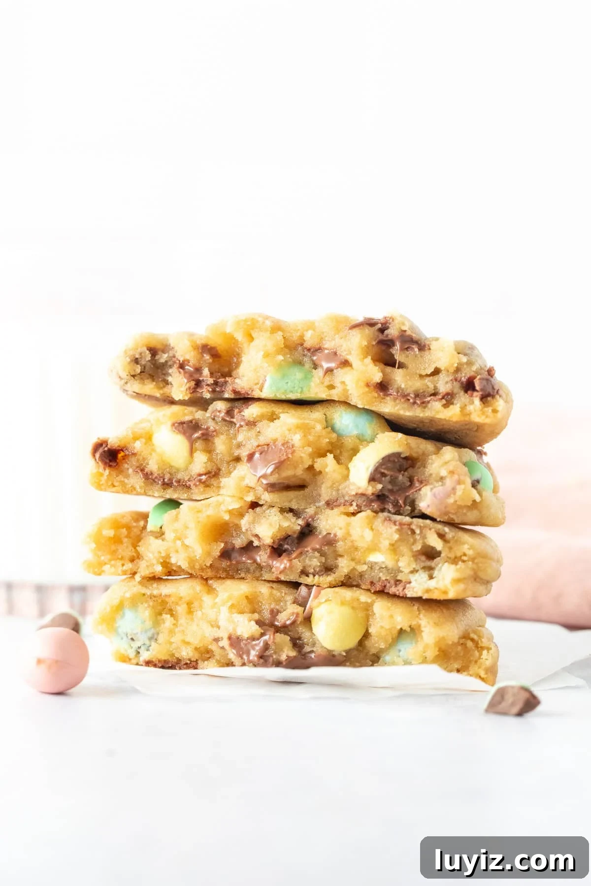 Mini Egg Cookie Recipe: Crispy Chocolate Shell Cookies for Easter 2 Stack of mini egg cookies, broken in half