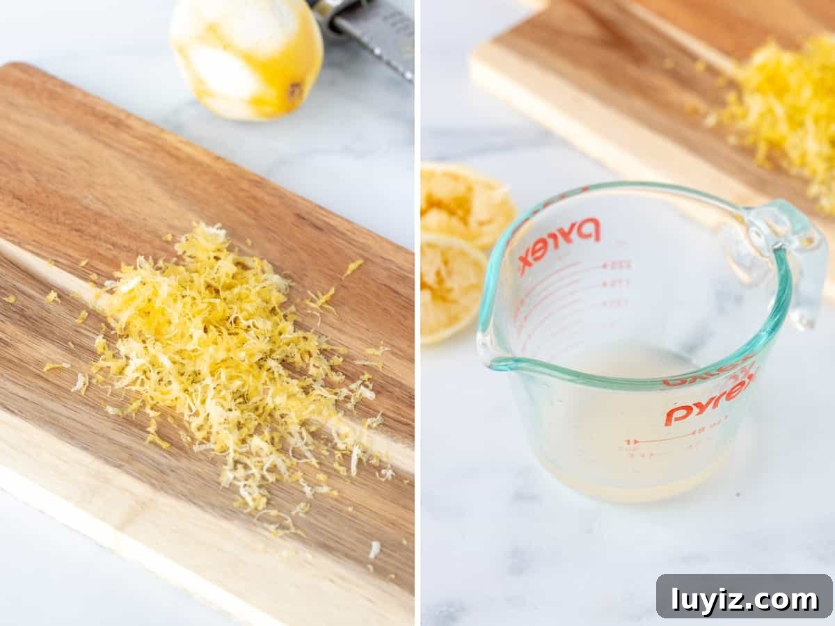 Zesty Lemon Cupcakes with Luscious Lemon Buttercream Frosting 4 Cutting board with lemon zest and measuring cup with freshly squeezed lemon juice