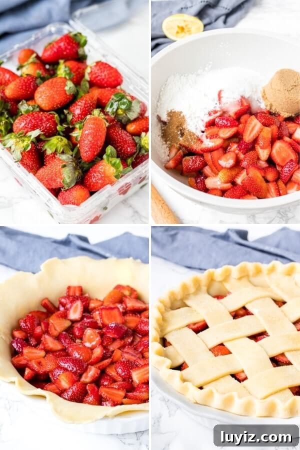 Classic Fresh Strawberry Pie Recipe for Summer Gatherings 3 Step by step collage showing the steps in making baked strawberry pie.