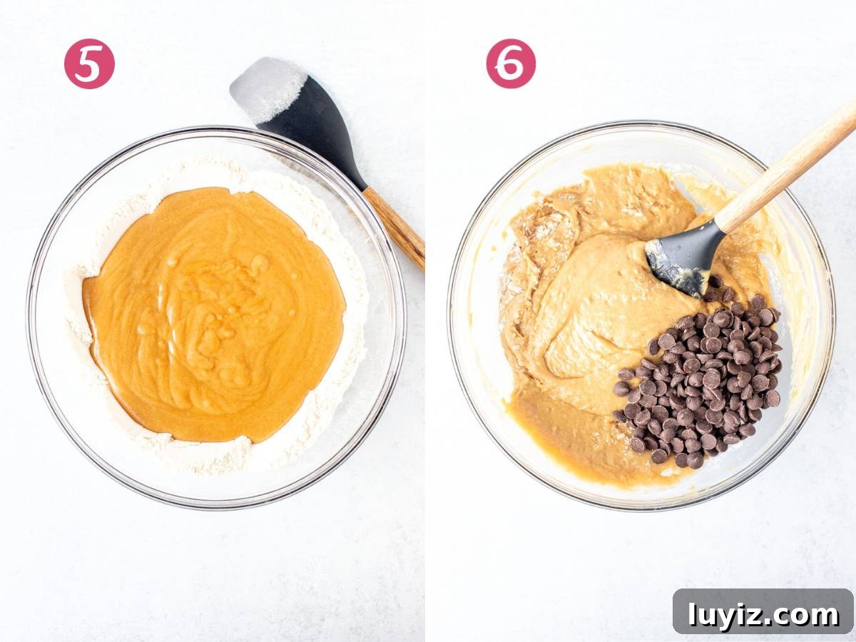 Irresistible Peanut Butter Muffins with a Crispy Top 4 Bowl of dry ingredients with wet ingredients poured in, and bowl of peanut butter muffin batter with chocolate chips