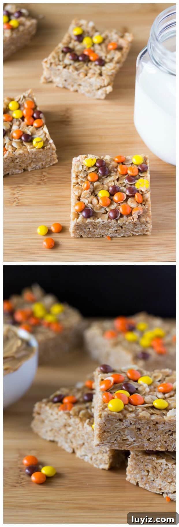 Make these super easy & super delicious Peanut Butter Granola Bars. Topped with Reese's Pieces - kids & adults will love these treats. 
