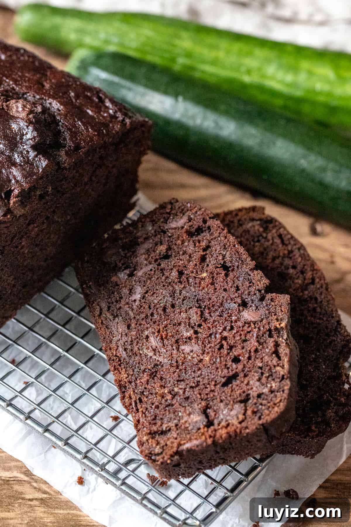 Moist Chocolate Zucchini Bread Recipe with Dark Cocoa 2 Slices of chocolate zucchini bread