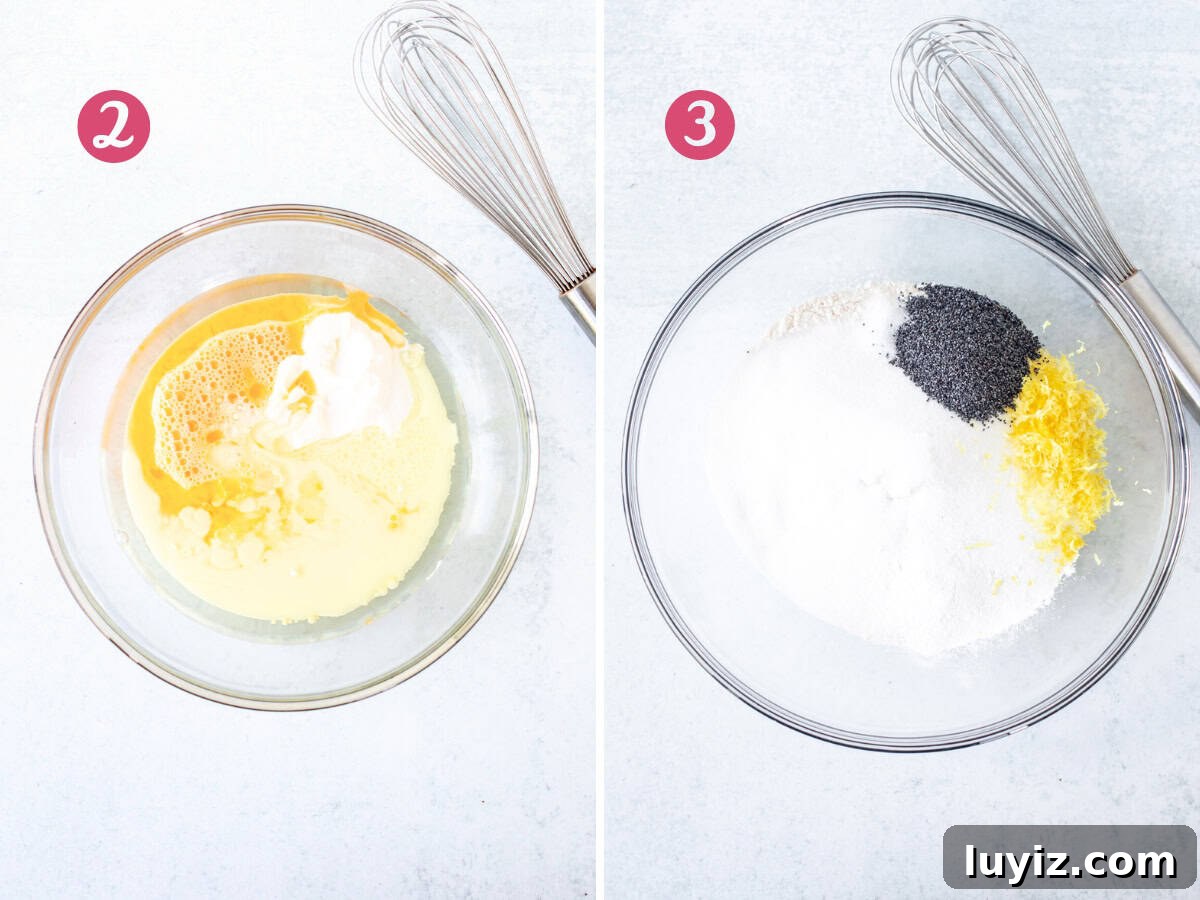 Lemon Poppy Seed Quick Bread Recipe for Moist Loaves 4 Bowl of wet ingredients and bowl of dry ingredients for making lemon poppy seed bread