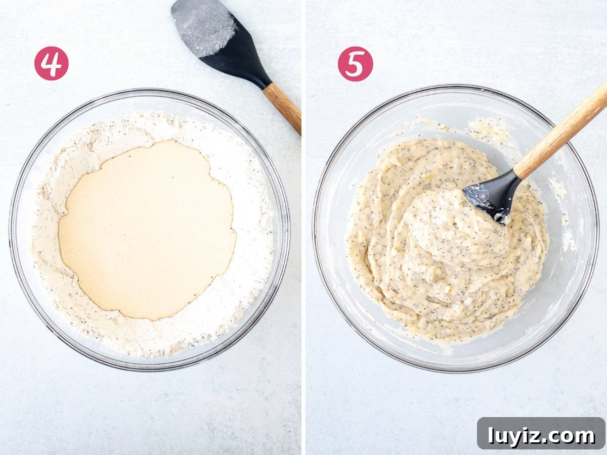 Lemon Poppy Seed Quick Bread Recipe for Moist Loaves 5 Bowl of dry ingredients with wet ingredients poured into the bowl, and bowl of lemon poppy seed loaf batter