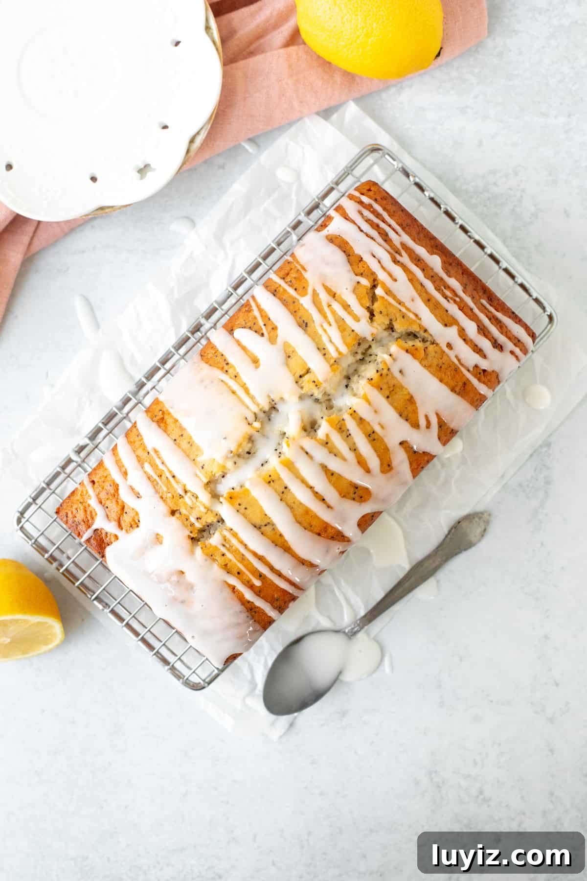 Lemon Poppy Seed Quick Bread Recipe for Moist Loaves 7 Lemon poppy seed loaf drizzled with lemon glaze, on a cooling rack