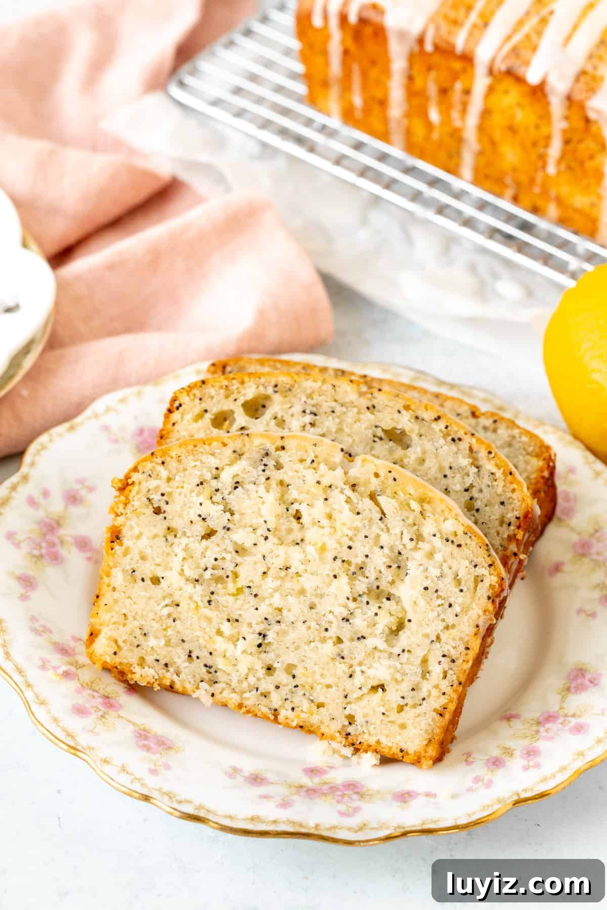Lemon Poppy Seed Quick Bread Recipe for Moist Loaves 8 Plate of 3 slices of lemon poppy seed loaf