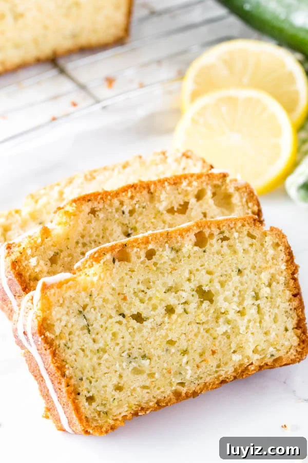 Moist Lemon Zucchini Bread with Citrus Glaze 5 3 slices of lemon zucchini bread made with grated zucchini to make it soft, tender and never dry.
