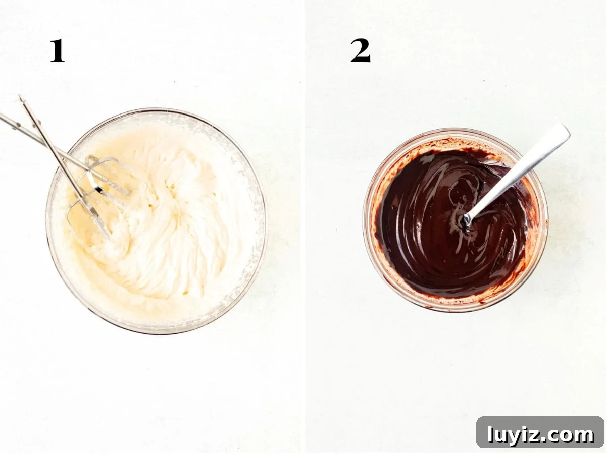 Creamy No-Bake Chocolate Cheesecake Recipe 5 Bowl of whipped cream and bowl of melted chocolate