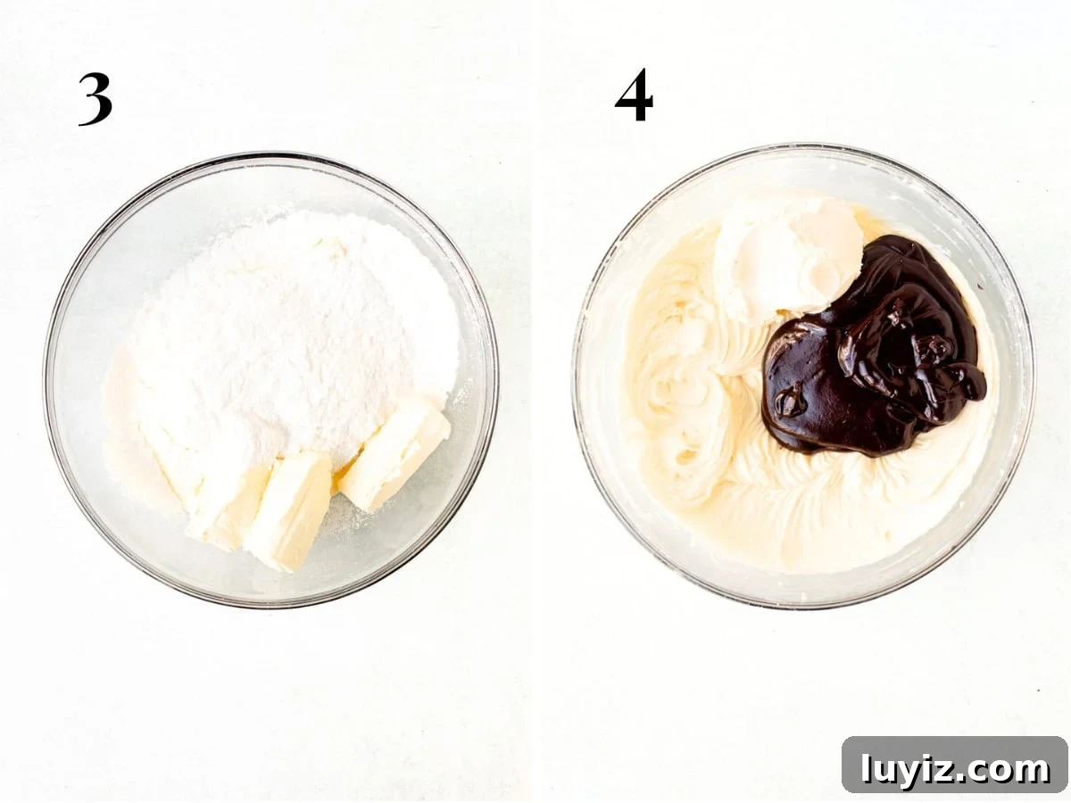 Creamy No-Bake Chocolate Cheesecake Recipe 6 Bowl of cream cheese and powdered sugar and bowl of cream cheese and powdered sugar beaten together with sour cream and melted butter added.