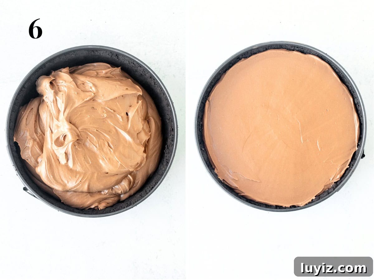 Creamy No-Bake Chocolate Cheesecake Recipe 8 Spooning no bake chocolate cheesecake filling into the crust, and no bake chocolate cheesecake in a springform pan.