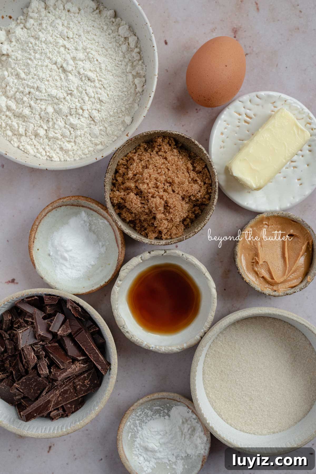 Gluten-Free Peanut Butter Chocolate Chunk Cookies (Small Batch) 5 Ingredients needed to make small batch gluten free peanut butter chocolate chunk cookies from BeyondtheButter.com | © Beyond the Butter®