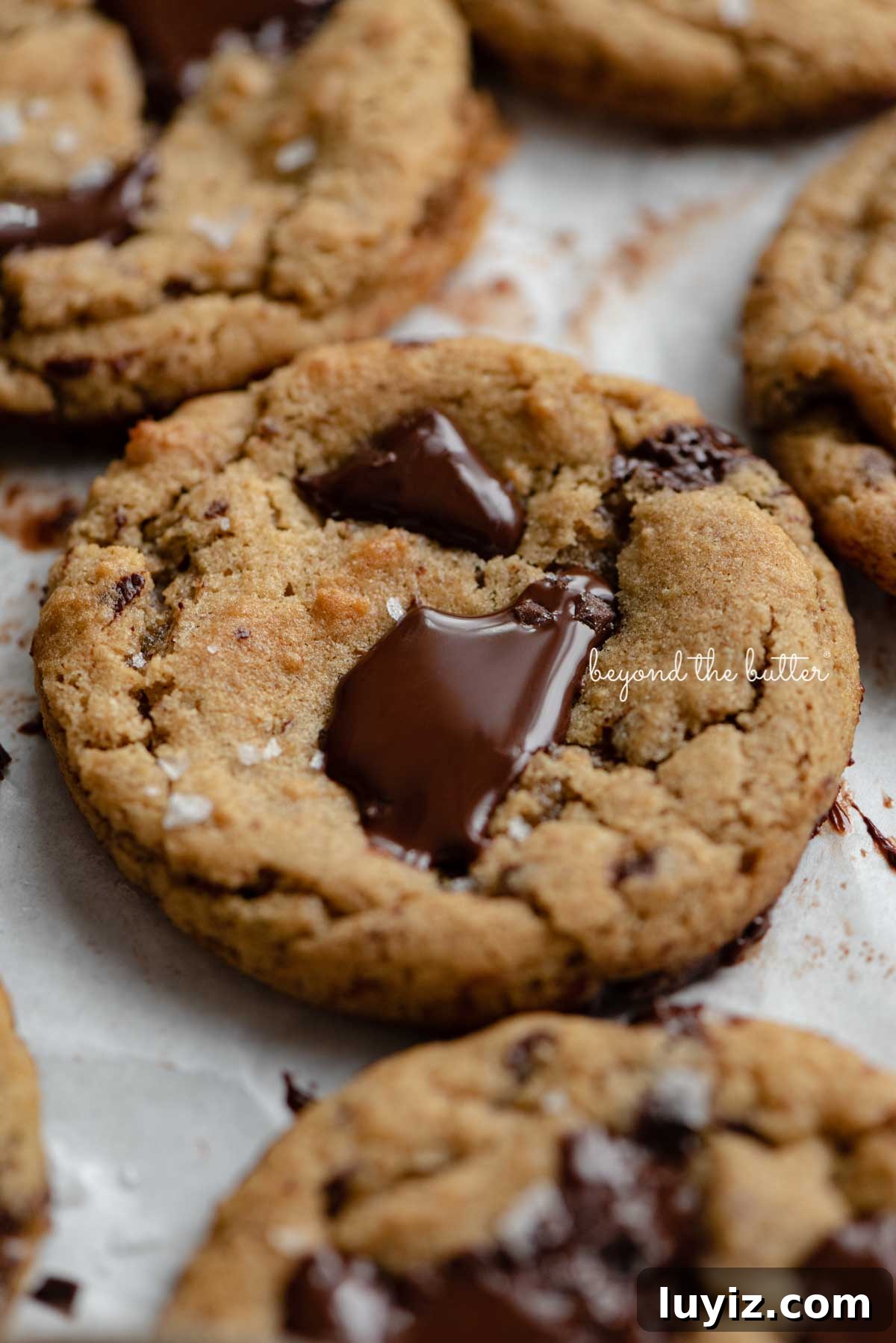 Gluten-Free Peanut Butter Chocolate Chunk Cookies (Small Batch) 7 Small batch gluten-free peanut butter chocolate chunk cookies on a parchment paper lined baking sheet | © Beyond the Butter®