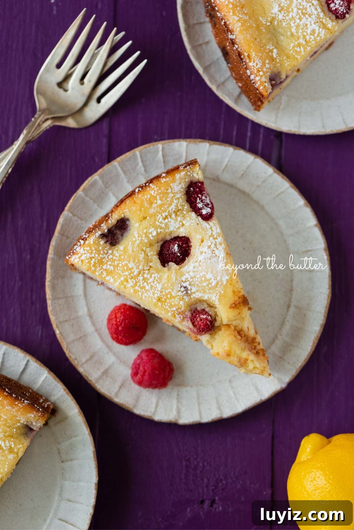 Lemon Raspberry Ricotta Cake Recipe — Moist Spring Dessert 11 Slices of lemon raspberry ricotta cake dusted with powdered sugar on small ceramic dessert plates and purple wood background.
