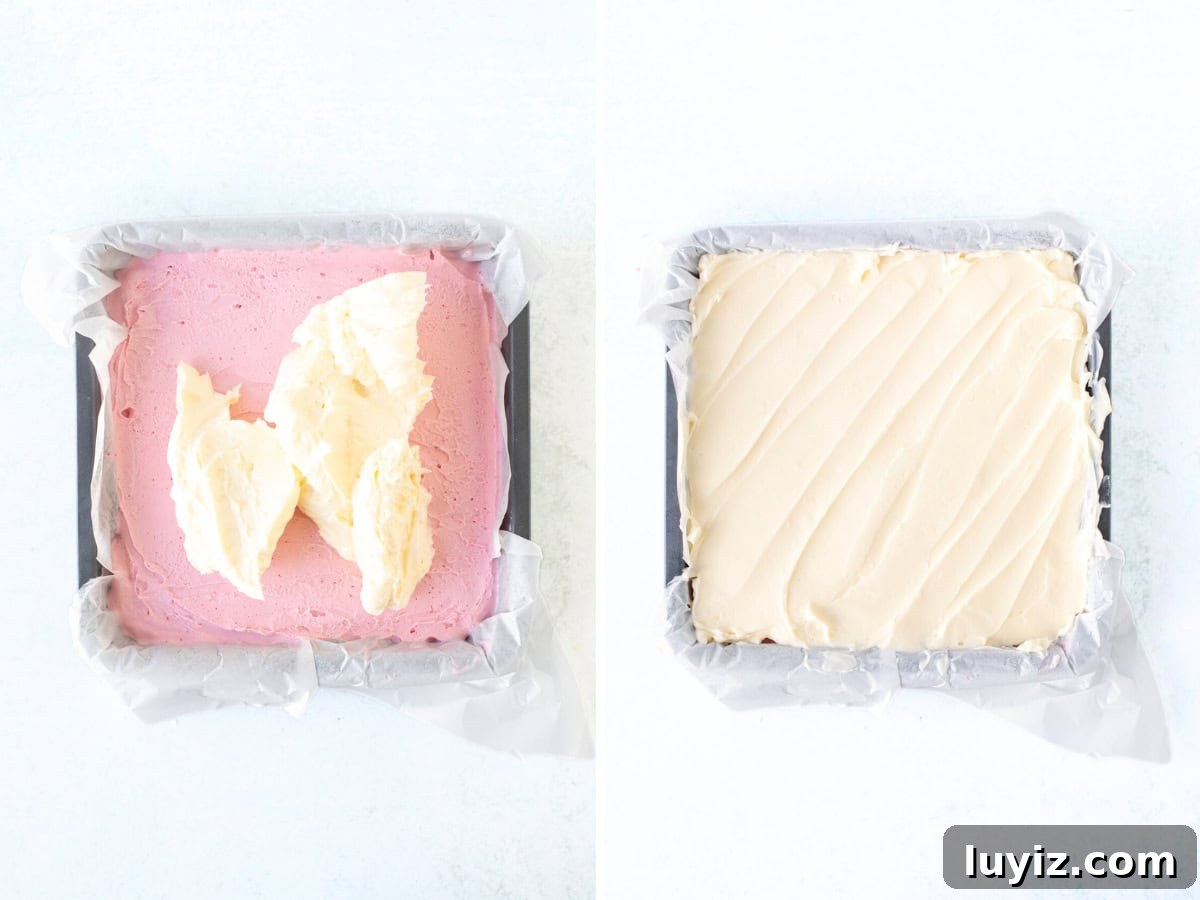 Strawberry Shortcake Ice Cream Cake Recipe — No-Bake Dessert 5 Adding vanilla frosting on top of strawberry layer of strawberry ice cream cake