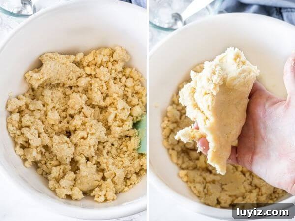 Perfect Flaky Pie Crust Recipe for Homemade Pies 5 2 side by side photos showing what the pie dough will look like after the water has been incorporated.