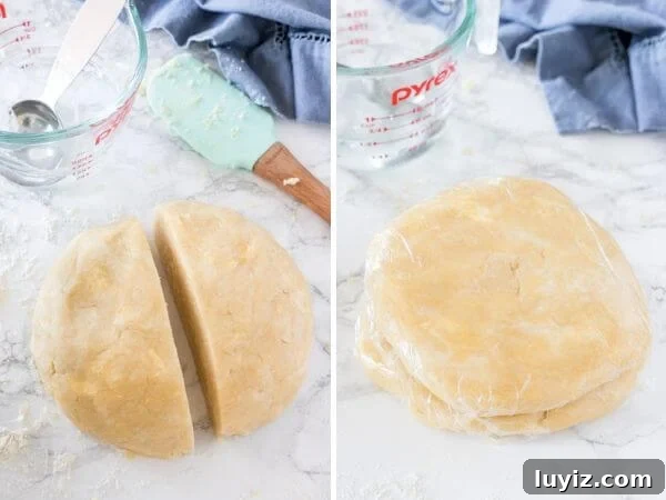 Perfect Flaky Pie Crust Recipe for Homemade Pies 6 Step by step photos showing first after the pie dough has come together and been formed into a ball, and then second after it's been divided in 2 equal pieces and each is formed in a disc shape and wrapped in plastic.