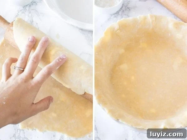 Perfect Flaky Pie Crust Recipe for Homemade Pies 7 Step by step photos showing how to roll the pie dough onto the rolling pin to transfer it to the pie plate, and then the pie dough in the pie plate after it's been rolled out.