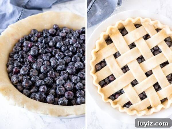 How to Make Classic Blueberry Pie with Flaky Golden Crust 4 Two photos showing steps for making blueberry pie: filling in bottom crust and lattice top before baking.