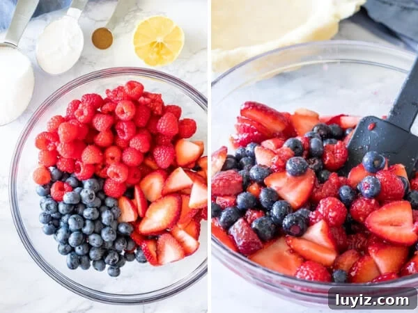 Mixed Berry Pie Recipe: Homemade Rustic Summer Fruit Tart 3 2 side by side, step by step photos showing how to make berry pie filling. 1st photo with the ingredients, and 2nd photo showing after they've been mixed together.