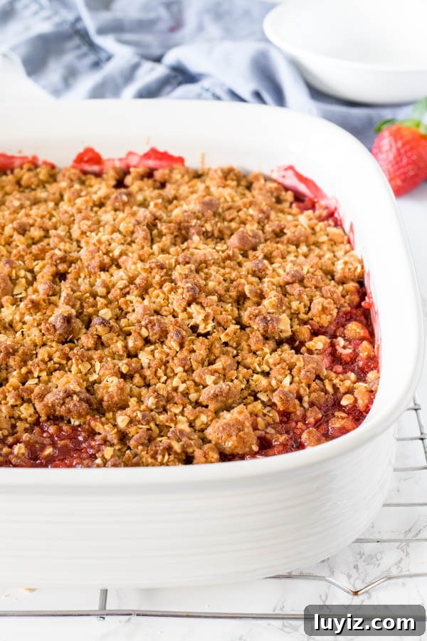 Strawberry Rhubarb Crisp Recipe with Buttery Oat Topping 3 The pan of strawberry rhubarb crisp fresh from the oven with the fruit filling just starting to bubble underneath the oatmeal topping.