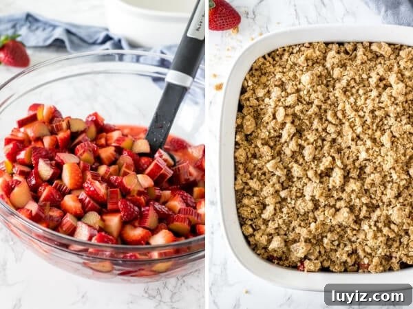 2 side by side photos showing the steps of how to make strawberry rhubarb crisp. The first photo showing the cut of rhubarb & strawberry filling, the 2nd photo showing the oatmeal brown sugar topping crumbled on top.