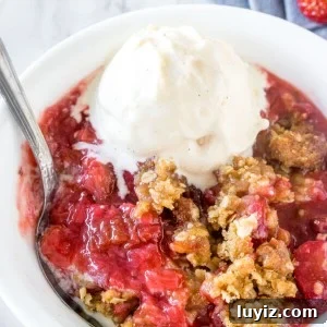 A bowl of strawberry rhubarb crisp with a juicy fruit filling and oatmeal brown sugar crumble on top. Served with a scoop of vanilla ice cream