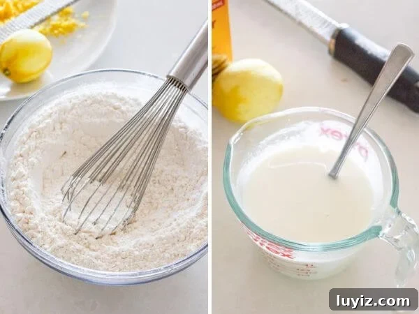 Zesty Lemon Bundt Cake Recipe with Glaze 3 Lemon bundt cake process shots. 1st showing whisking together the dry ingredients, then showing whisking together the wet ingredients in a liquid measuring cup.