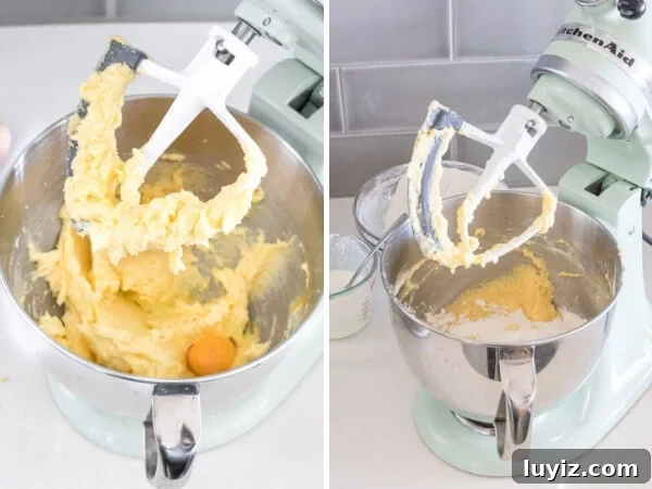 Zesty Lemon Bundt Cake Recipe with Glaze 4 2 process photos of how to make lemon bundt cake. Photo on the left beating the eggs in 1 at a time and the photo on the right showing beating in the dry ingredients, alternating with additions of the wet ingredients.