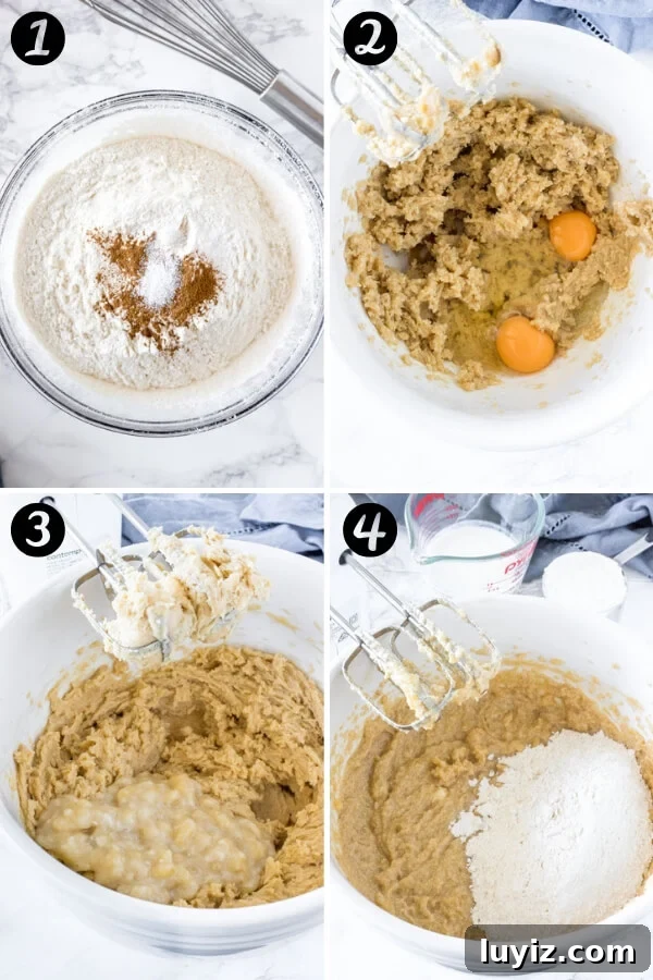 Moist Banana Bundt Cake Recipe with Cinnamon Glaze 4 Step by Step photos showing the stages of how to make banana bundt cake