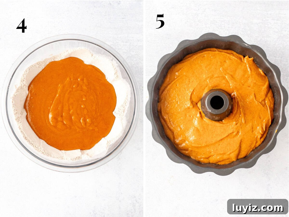 Moist Pumpkin Bundt Cake with Warm Spice Glaze 6 Bowl showing wet ingredients mixed with dry ingredients for pumpkin cake and bundt pan with pumpkin cake