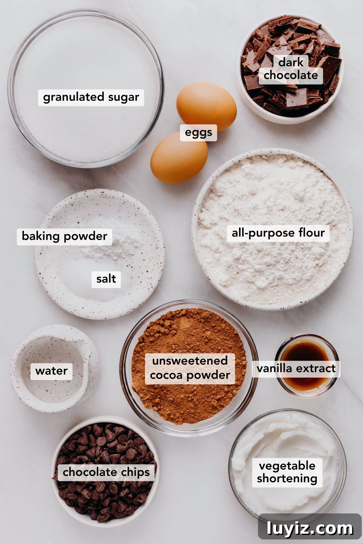 Pumpkin Fudge Brownies with Creamy Frosting 4 Ingredients in various size bowls labeled as granulated sugar, eggs, dark chocolate, baking powder, salt, all purpose flour, water, unsweetened cocoa powder, vanilla extract, chocolate chips, and vegetable shortening on a white marbled background.