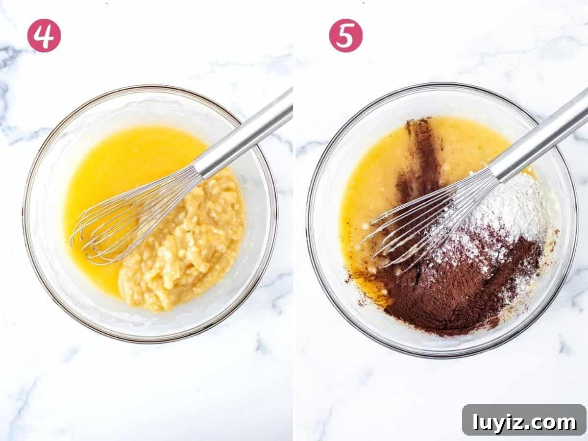 Super Moist Banana Brownies Recipe for Ultra-Fudgy Results 6 Collage showing 2 steps when making banana brownies