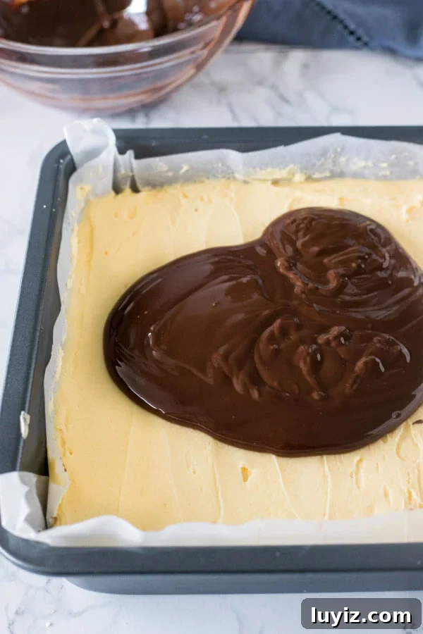 How to Make Classic Nanaimo Bars: No-Bake Canadian Dessert Recipe 5 How to make Nanaimo Bars - chocolate topping poured on top of the middle layer, before being spread smooth over top.