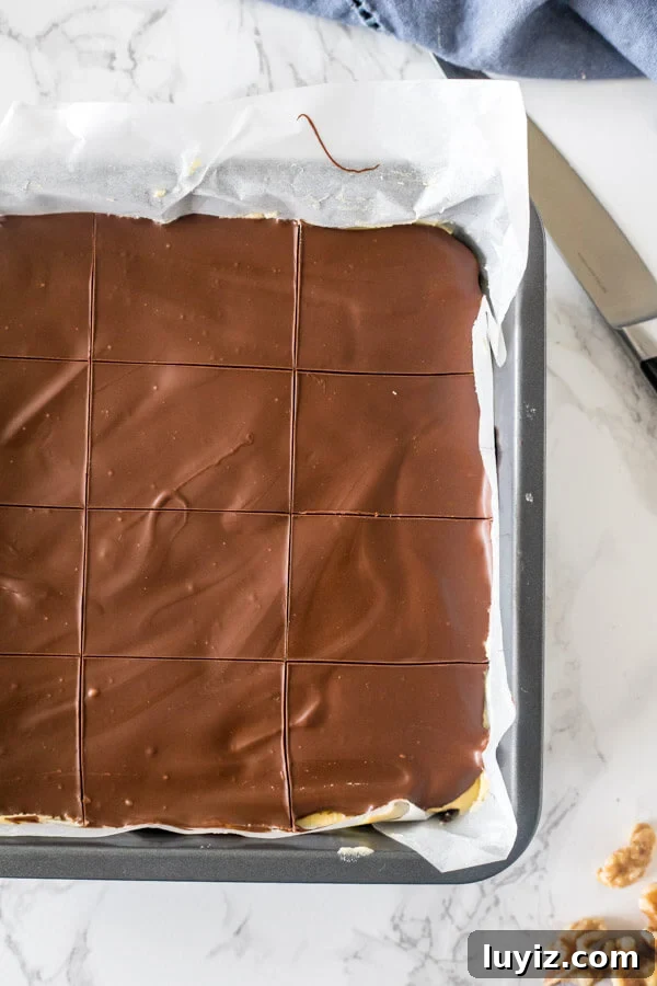 How to Make Classic Nanaimo Bars: No-Bake Canadian Dessert Recipe 6 A pan of classic Nanaimo bars after they're almost done hardening and the chocolate on top has been scored.
