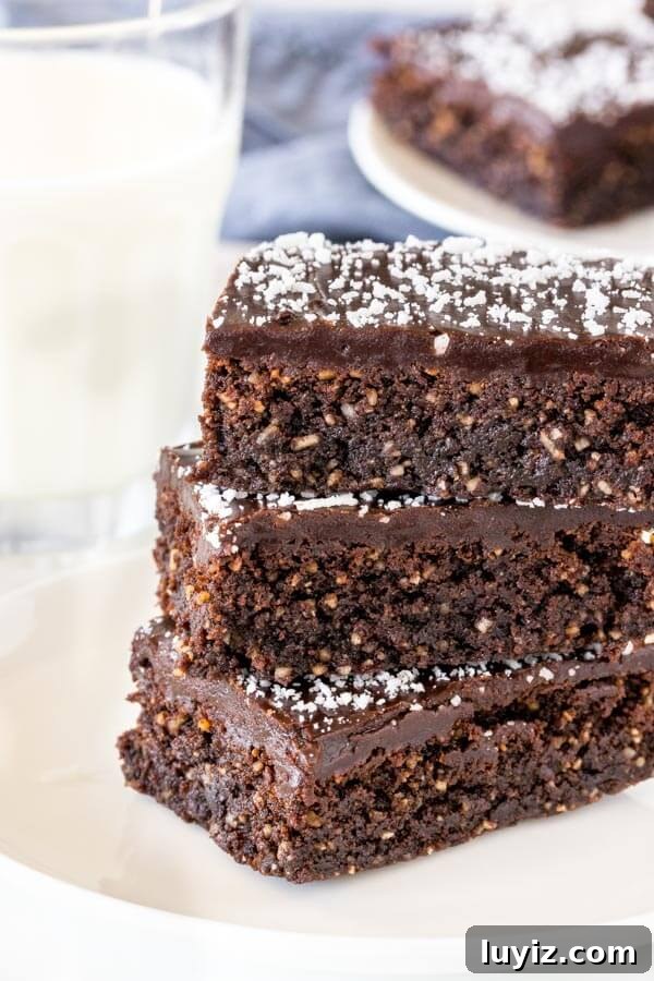 Decadent Chocolate Slice Recipe for Perfect Dessert Moments 2 A stack of 3 pieces of chocolate slice on a plate with a glass of milk.