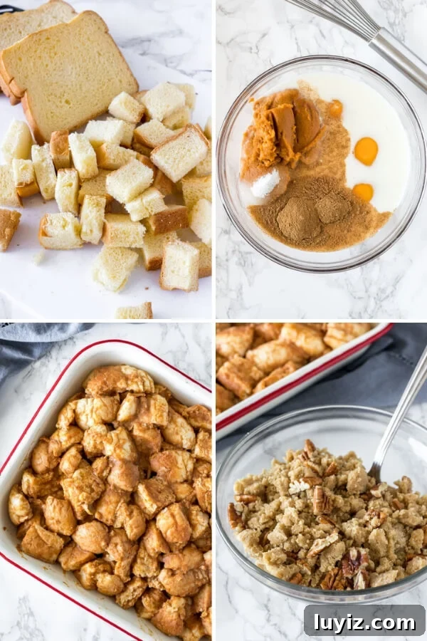 4 step by step photos showing the process of how to make overnight pumpkin French toast casserole