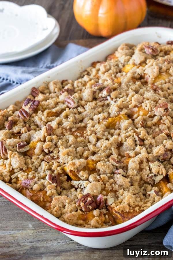 Pumpkin french toast bake with brown sugar topping after it comes out of the oven in the pan.