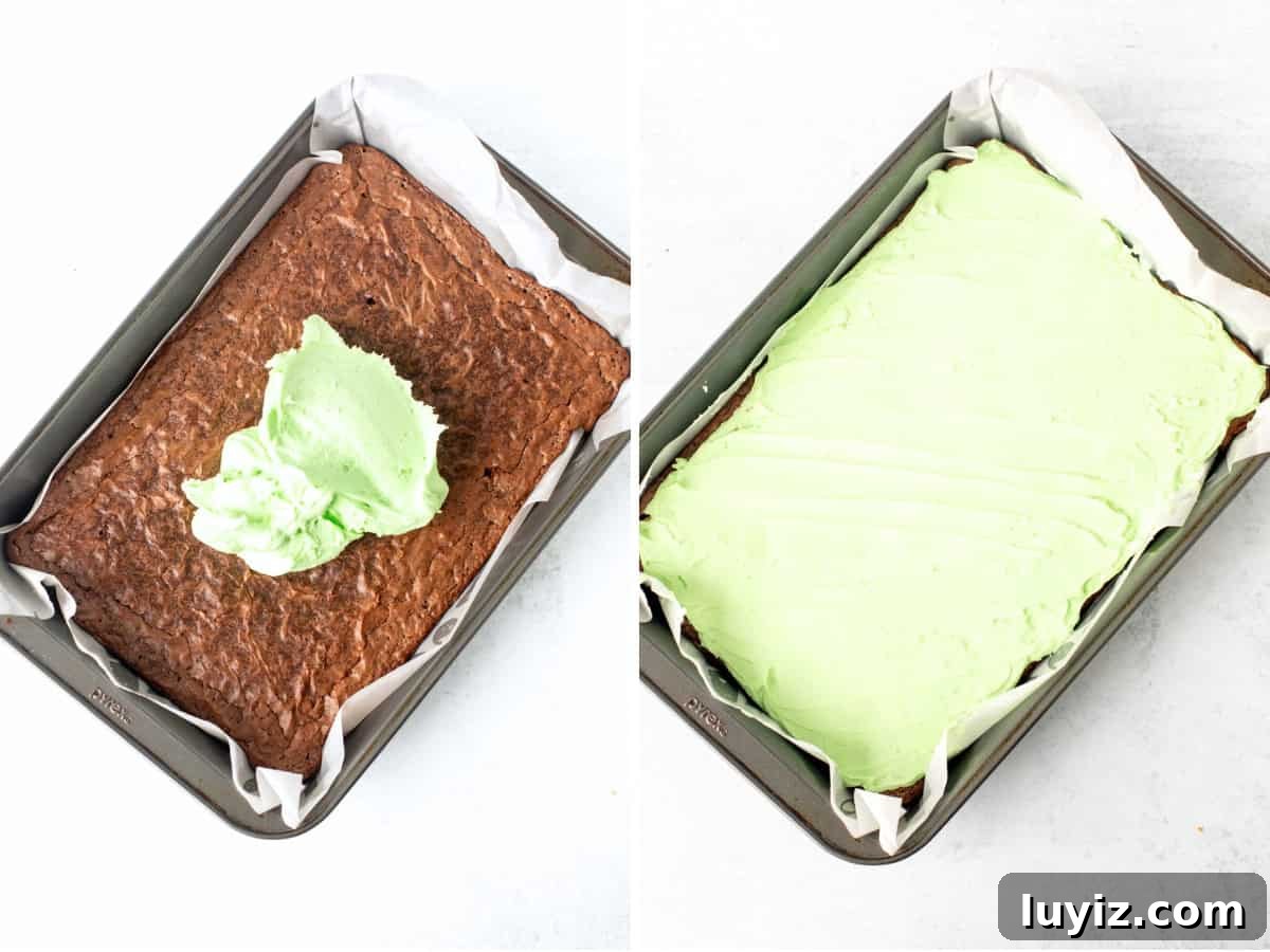 Chewy Mint Chocolate Brownies: Classic Recipe with Fresh Mint 4 Pan of brownies with mint filling on top, and pan of brownies with mint filling spread into an even layer