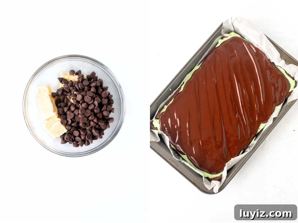 Chewy Mint Chocolate Brownies: Classic Recipe with Fresh Mint 5 Bowl of chocolate chips and butter and pan of mint brownies with chocolate topping