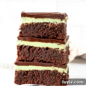 Chewy Mint Chocolate Brownies: Classic Recipe with Fresh Mint 8 Three mint brownies, stacked one on top of each other