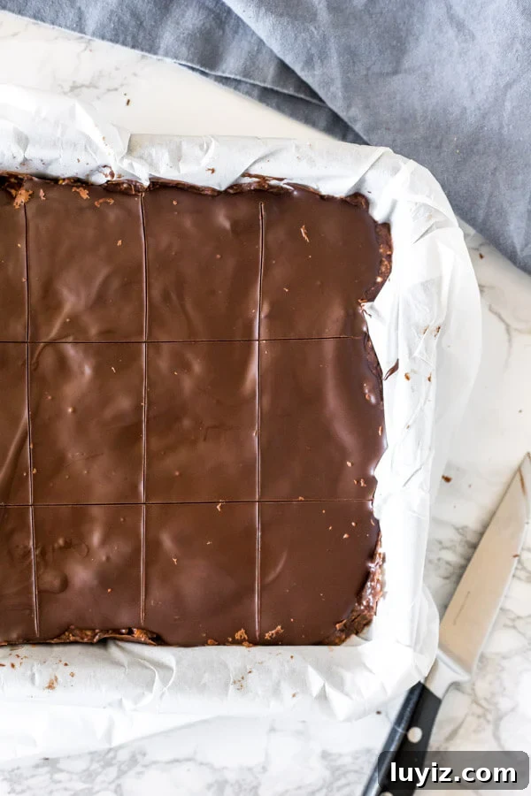 No-Bake Chocolate Hedgehog Slice Recipe for Crowd-Pleasing Treats 4 The pan of hedgehog slices before being cut to show how to cut the slice without the chocolate cracking.
